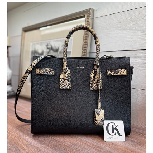 Saint Laurent Black & Snakeskin Sac de Jour Tote Bag - Excellent Condition - Picture 1 of 8